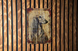 a painting of a dog on a wooden wall
