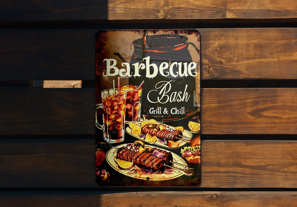 a barbeque sign hanging on a wooden wall