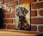 a picture of a dog on a brick wall