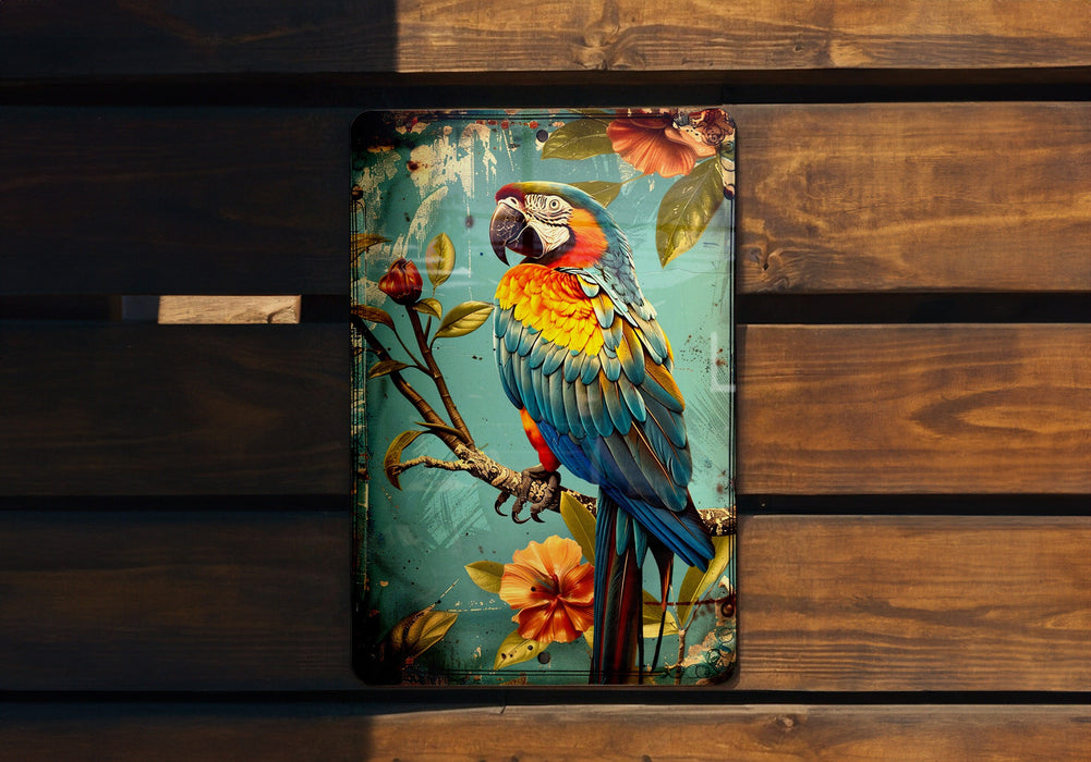 a colorful bird painted on a wooden bench