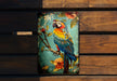 a colorful bird painted on a wooden bench