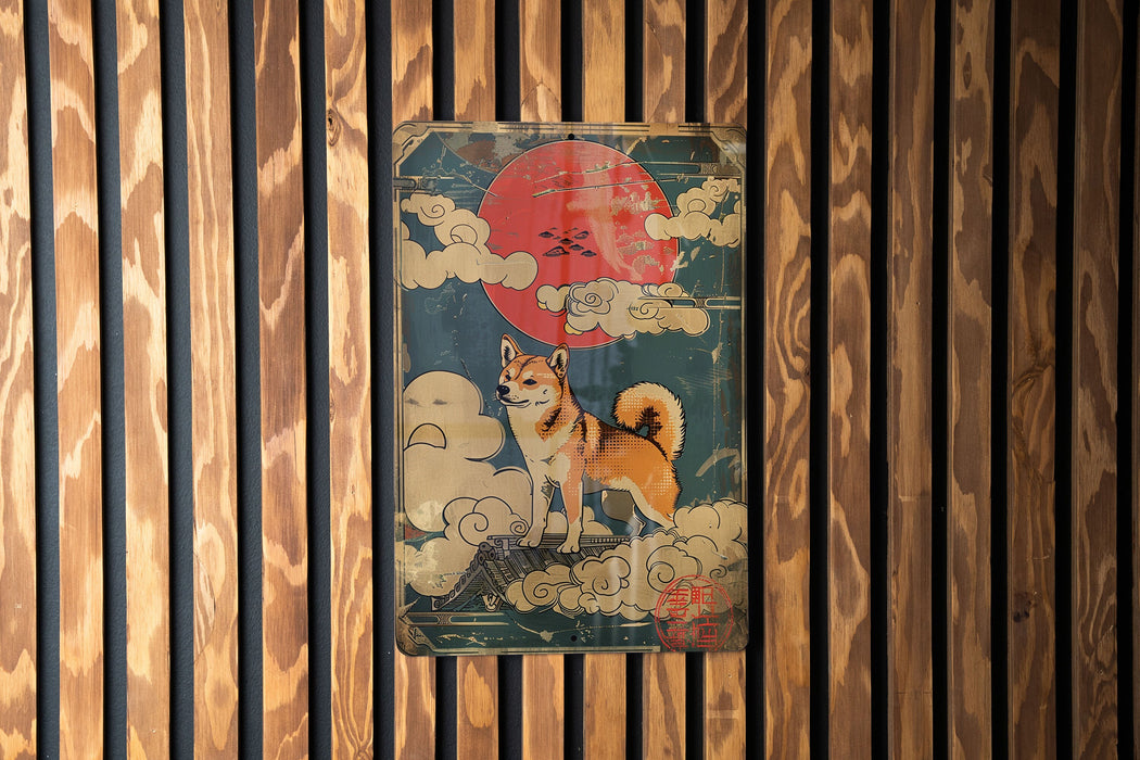 a painting of a dog on a wooden wall