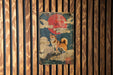 a painting of a dog on a wooden wall
