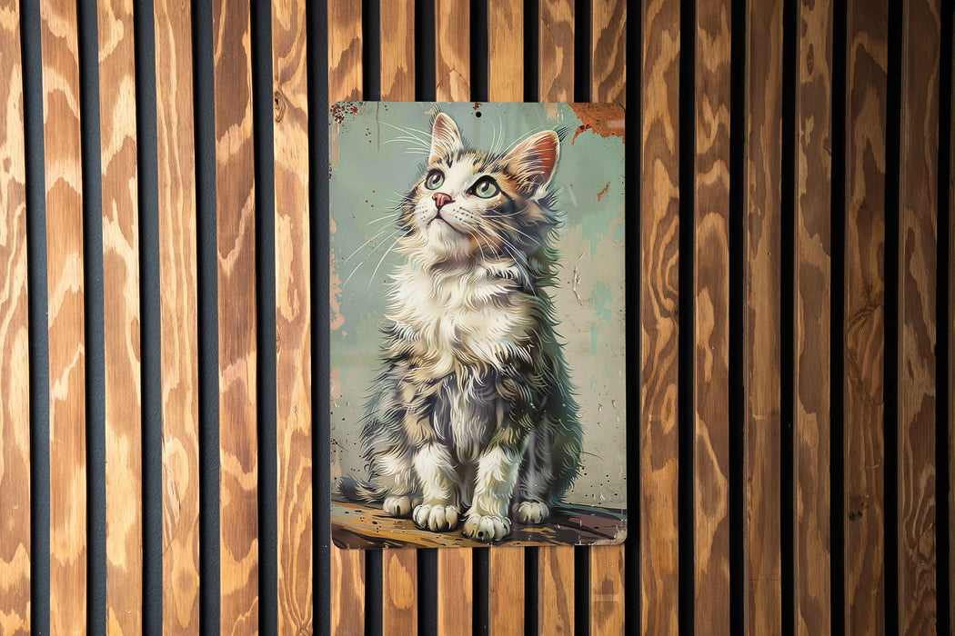 a painting of a cat on a wooden wall