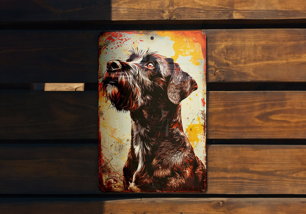 a picture of a dog hanging on a wooden wall