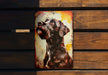 a picture of a dog hanging on a wooden wall