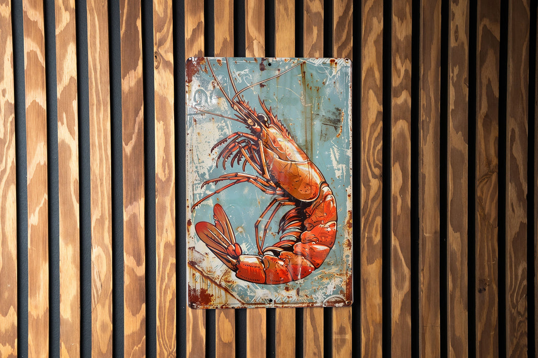 a painting of a lobster on a wooden wall