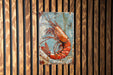 a painting of a lobster on a wooden wall