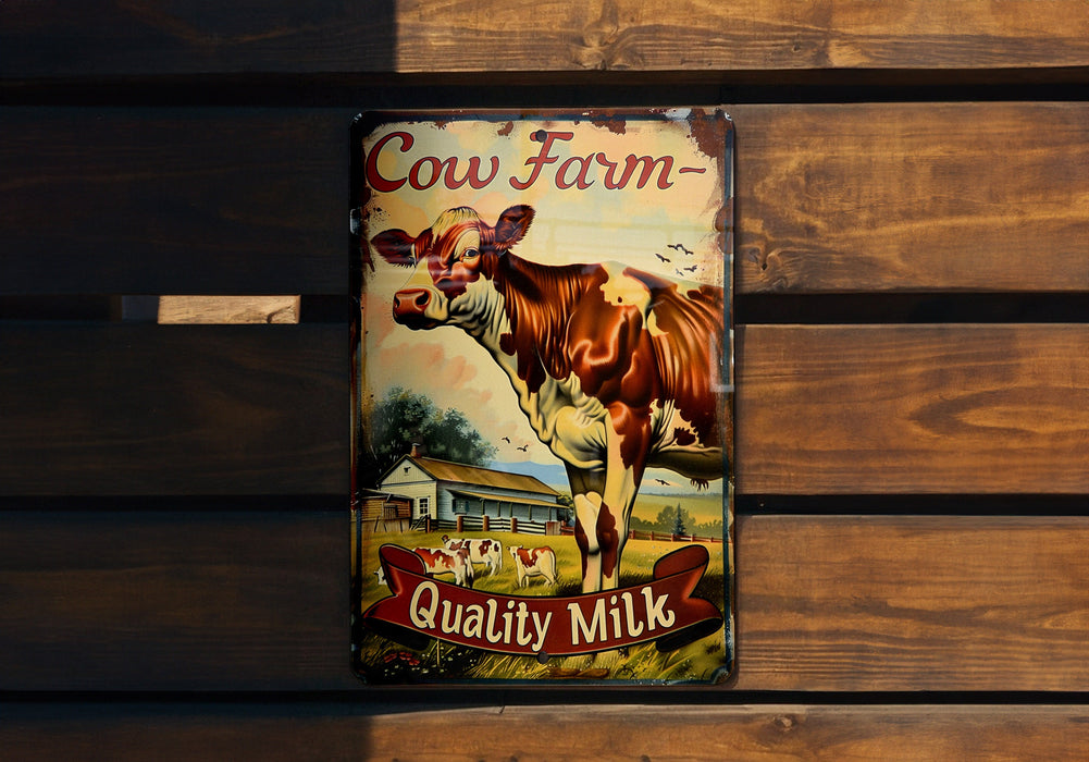 a cow farm sign on a wooden bench