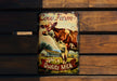 a cow farm sign on a wooden bench