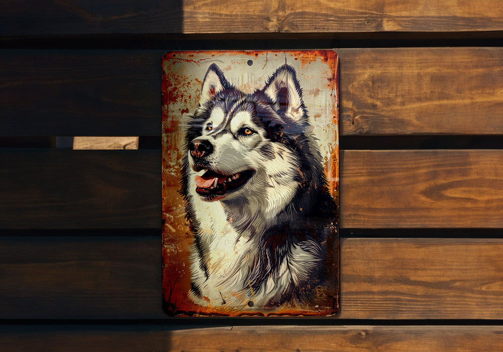 a picture of a dog on a rusted metal sign
