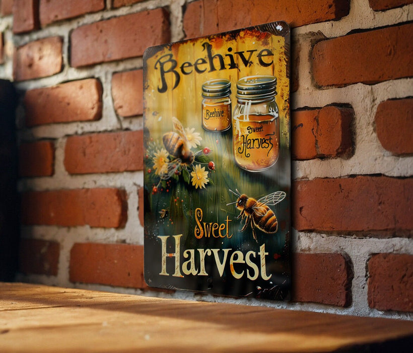 a picture of a beehive sign on a brick wall