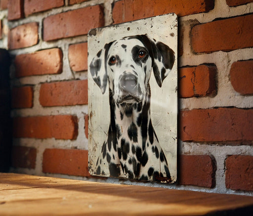 a picture of a dalmatian dog on a brick wall