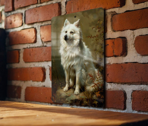 a picture of a white dog on a brick wall