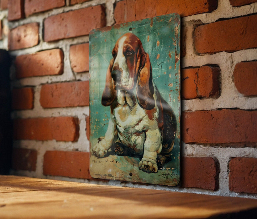 a picture of a basset hound on a brick wall