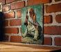 a picture of a basset hound on a brick wall