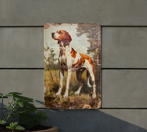 a painting of a dog on a wall next to a potted plant