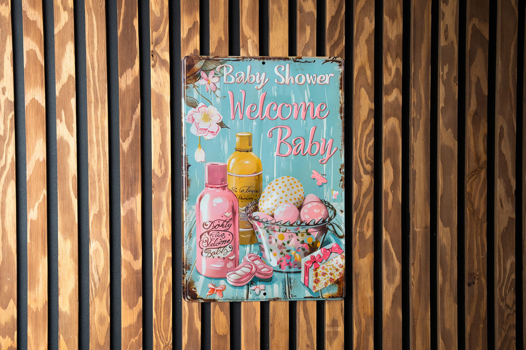 a baby shower sign hanging on a wooden wall