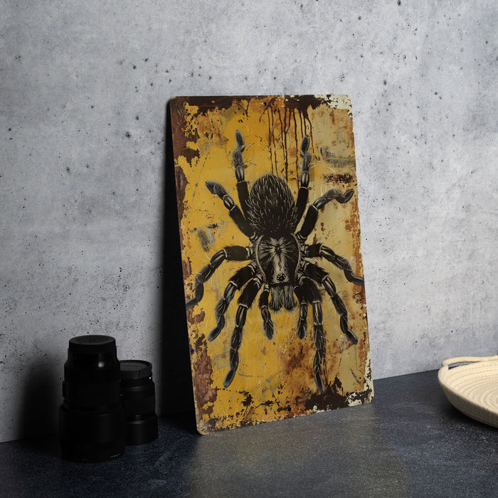a painting of a spider on a yellow background