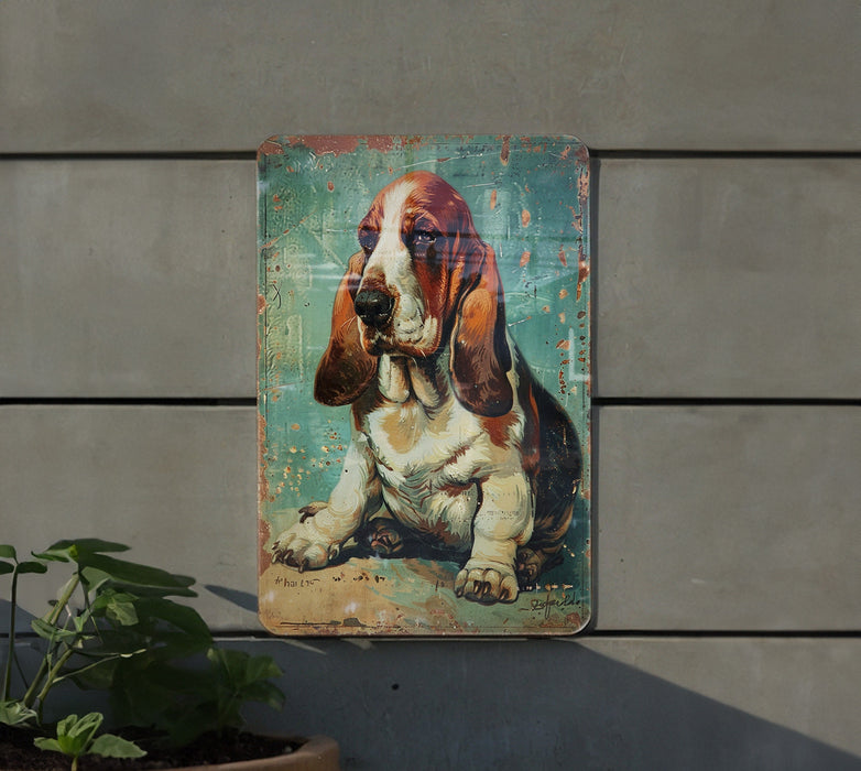 a picture of a basset hound on a wall