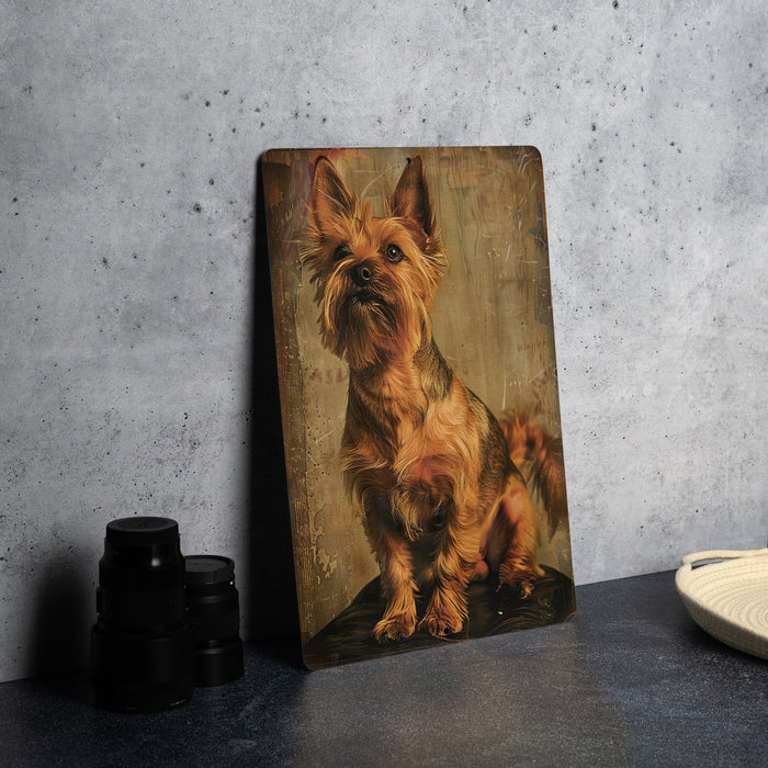 a picture of a dog on a wooden plaque