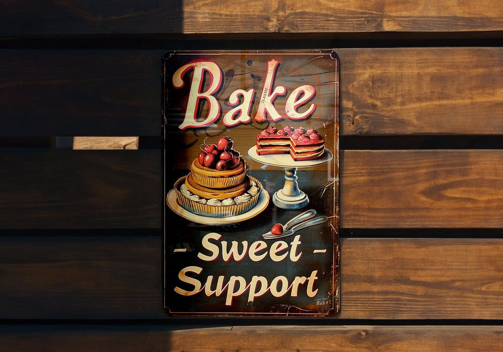 a sign that says bake sweet support on a wooden wall