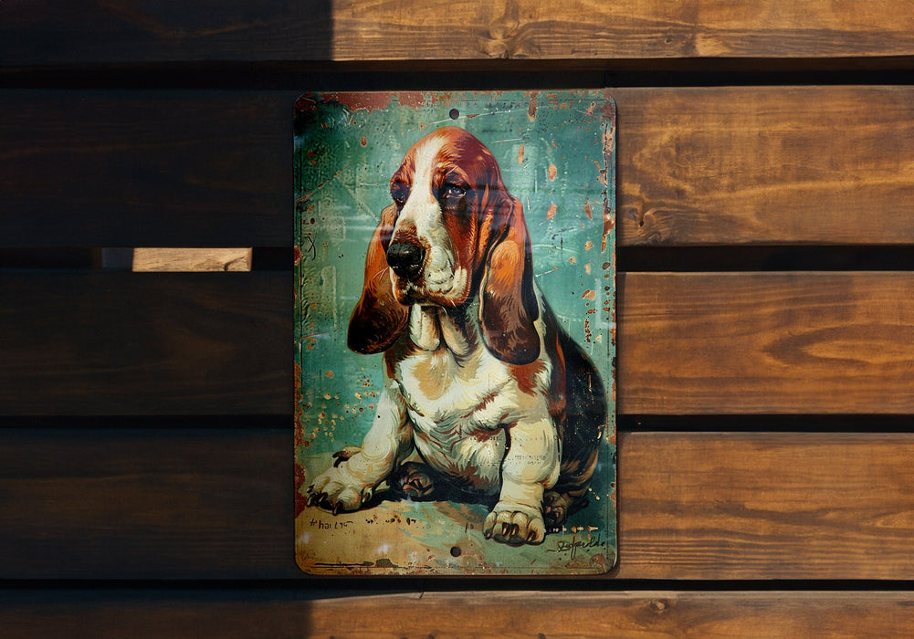 a picture of a basset hound sitting on a wooden bench