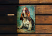 a picture of a basset hound sitting on a wooden bench