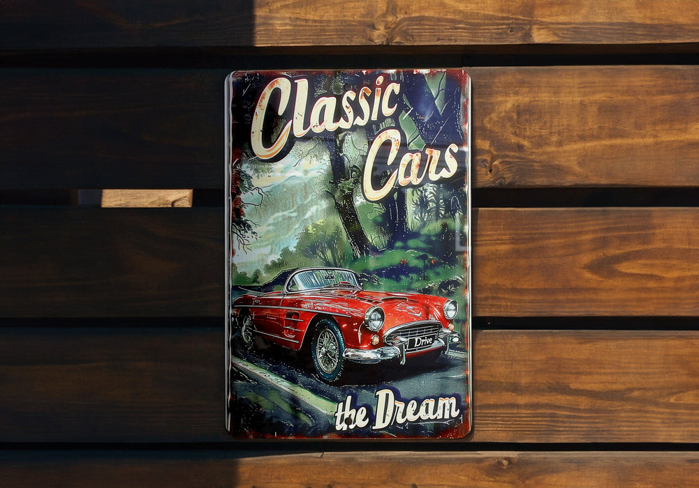 a book about classic cars on a wooden bench