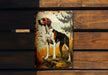 a painting of a dog on a wooden bench