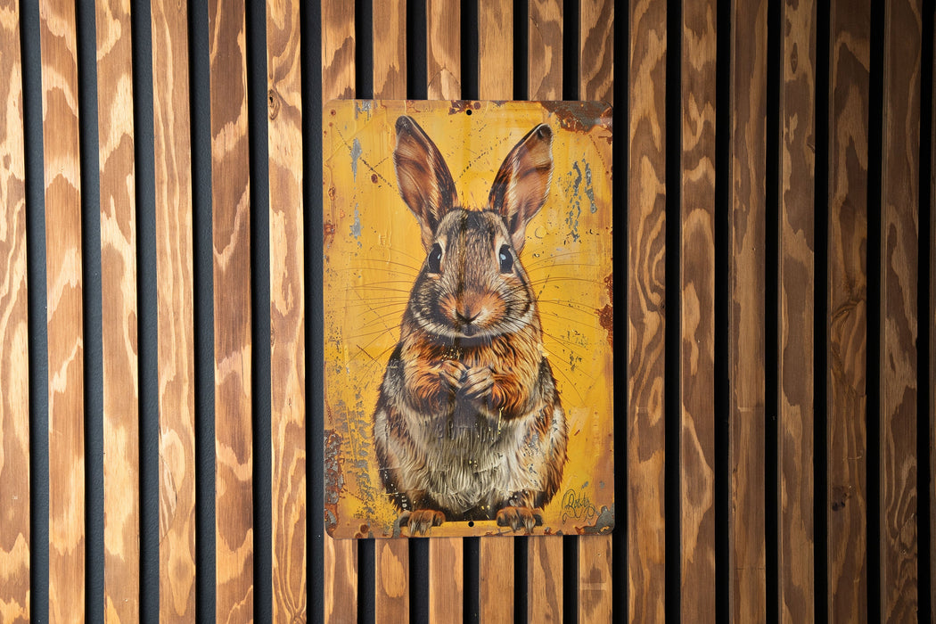 a painting of a rabbit on a wooden wall