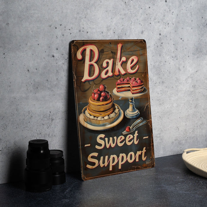 a sign that says bake sweet support on it