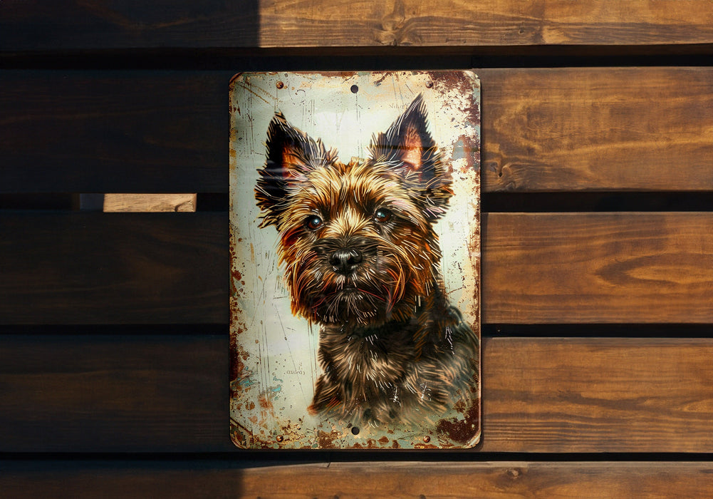 a picture of a dog on a metal plaque