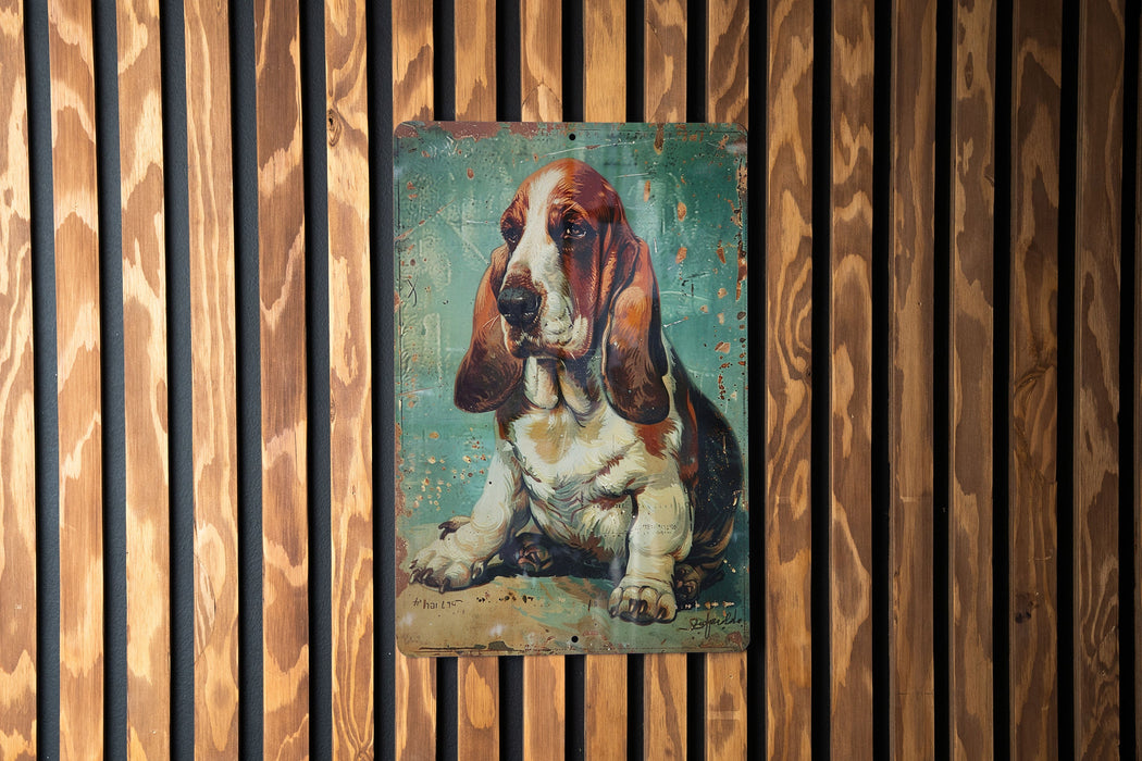 a painting of a basset hound on a wooden wall