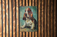 a painting of a basset hound on a wooden wall