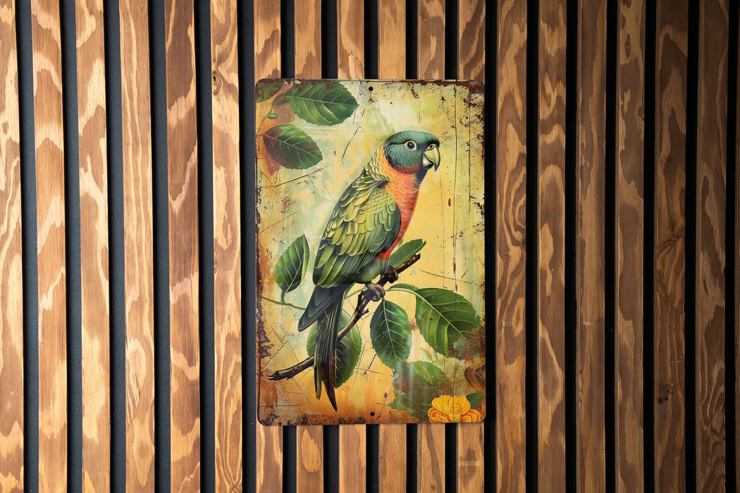 a painting of a parrot on a wooden wall