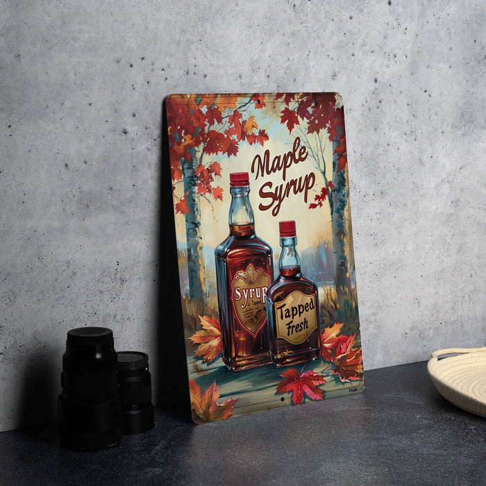 a picture of two bottles of maple syrup on a table