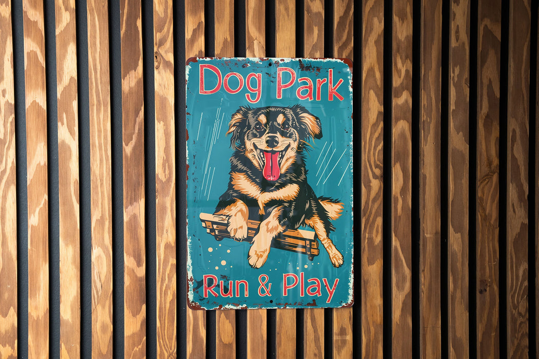 a dog park sign on a wooden wall