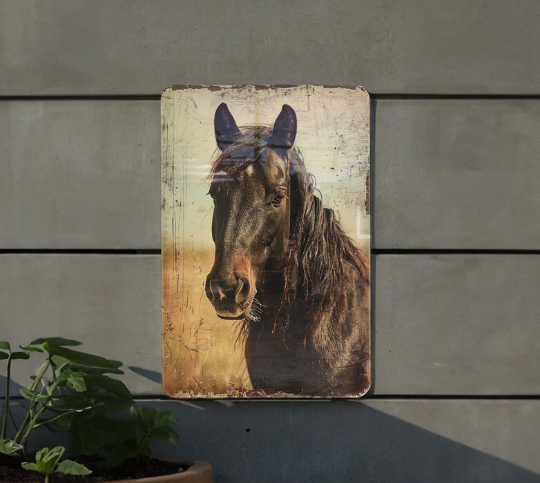 a picture of a horse is hanging on a wall