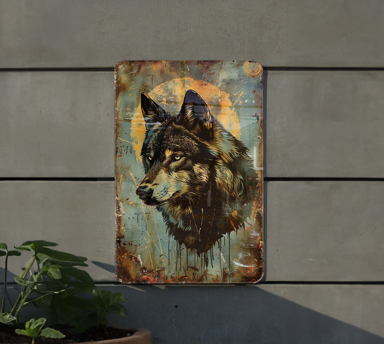 a painting of a wolf on a wall next to a potted plant