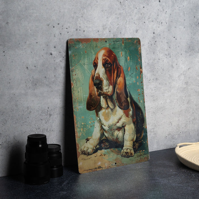 a painting of a basset hound sitting on a table