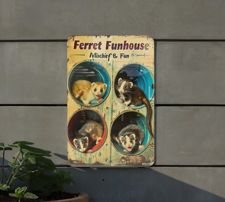 a sign on the side of a building that says ferret funhouse