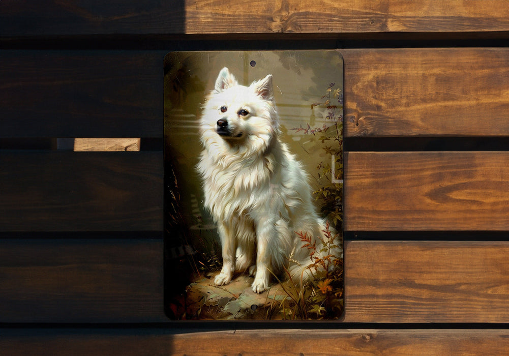 a painting of a white dog on a wooden wall