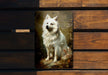 a painting of a white dog on a wooden wall