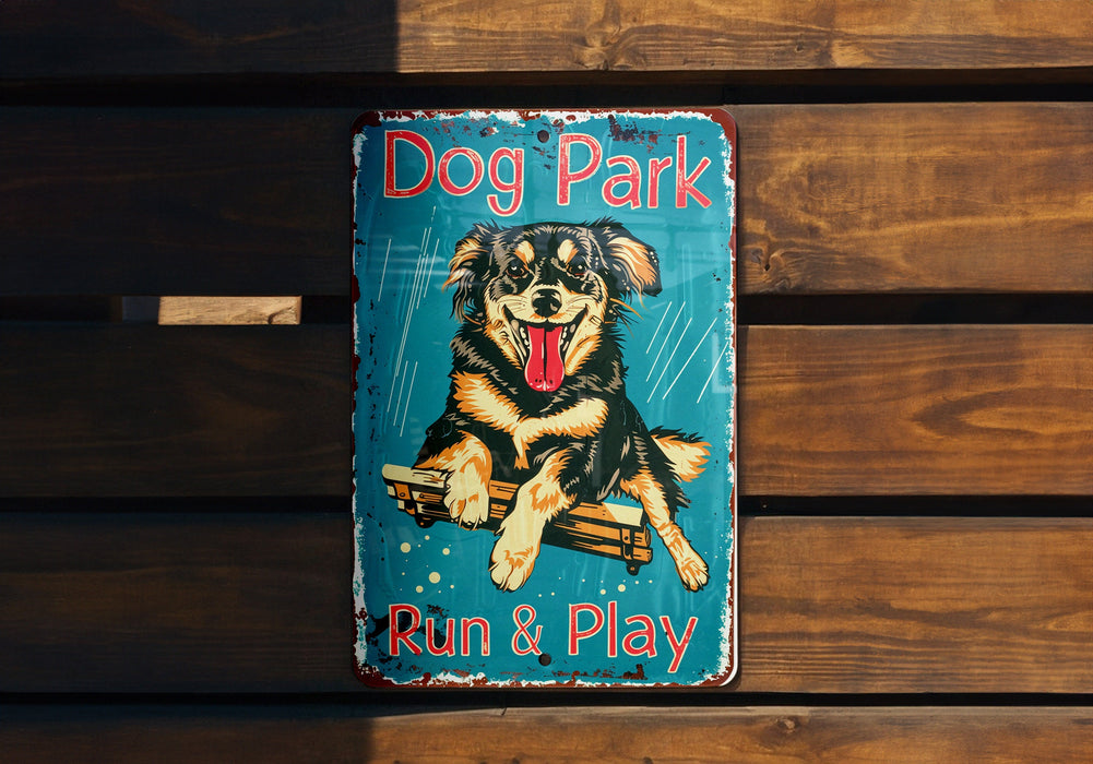 a dog park sign on a wooden bench