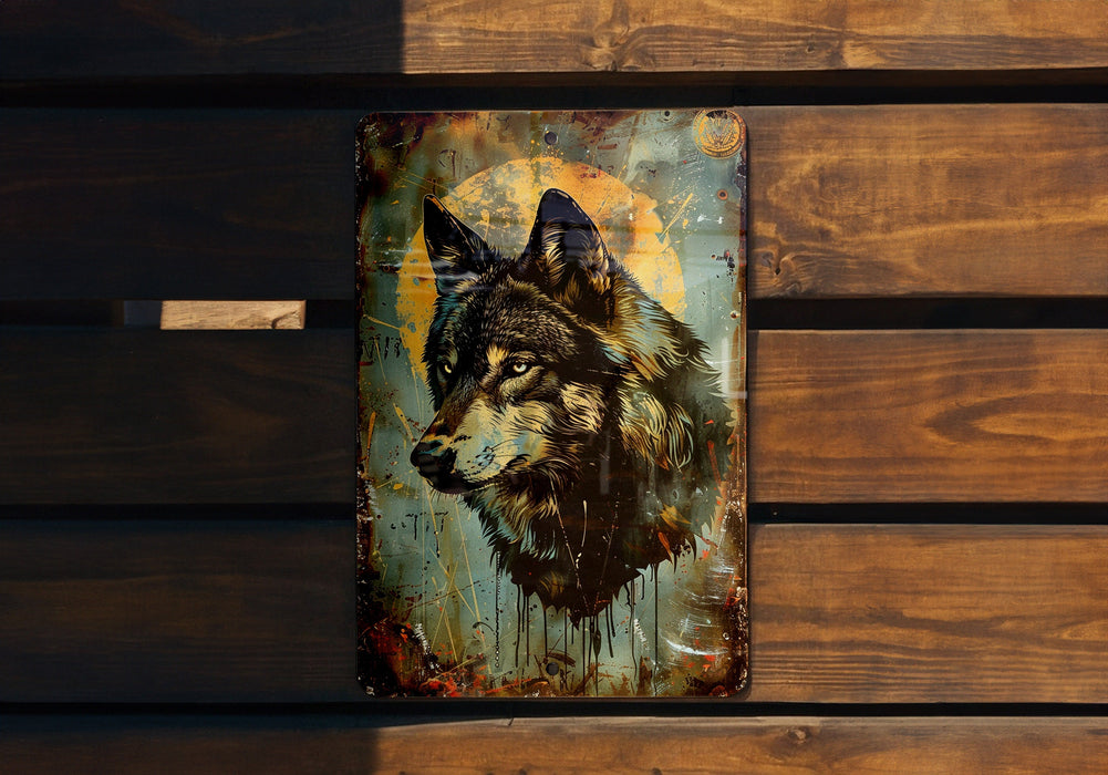 a painting of a wolf on a wooden bench