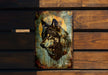 a painting of a wolf on a wooden bench