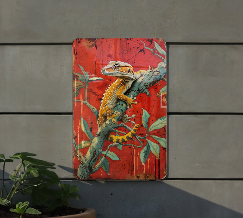 a painting of a lizard on a red background
