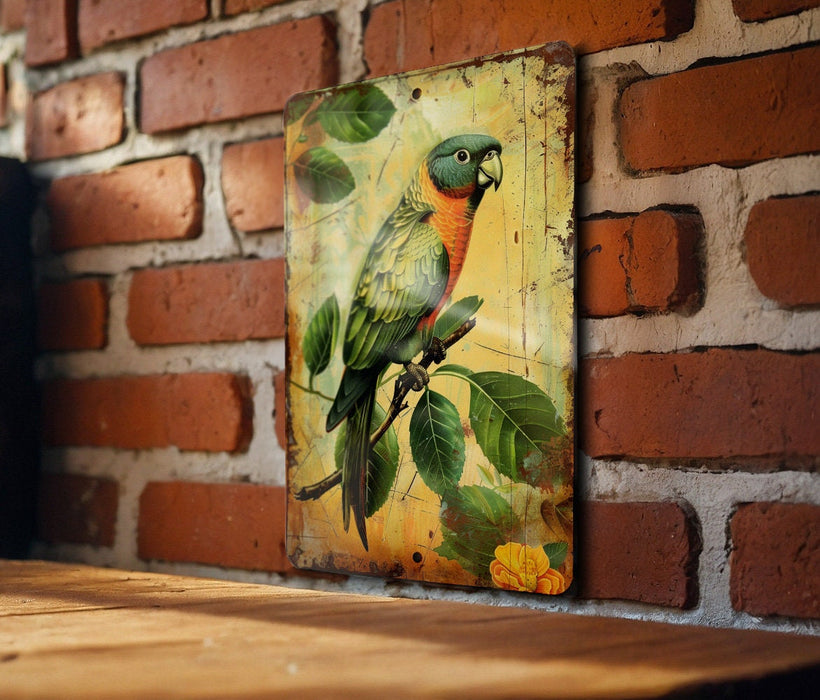 a painting of a parrot on a brick wall