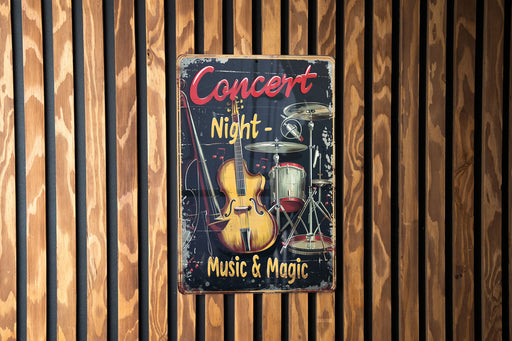 a concert poster hanging on a wooden wall